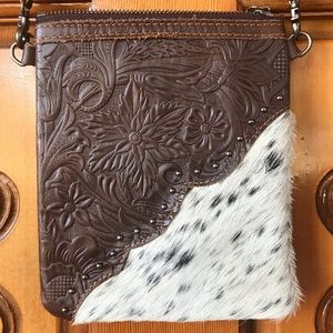 Hand tooled leather cow hide crossbody purse